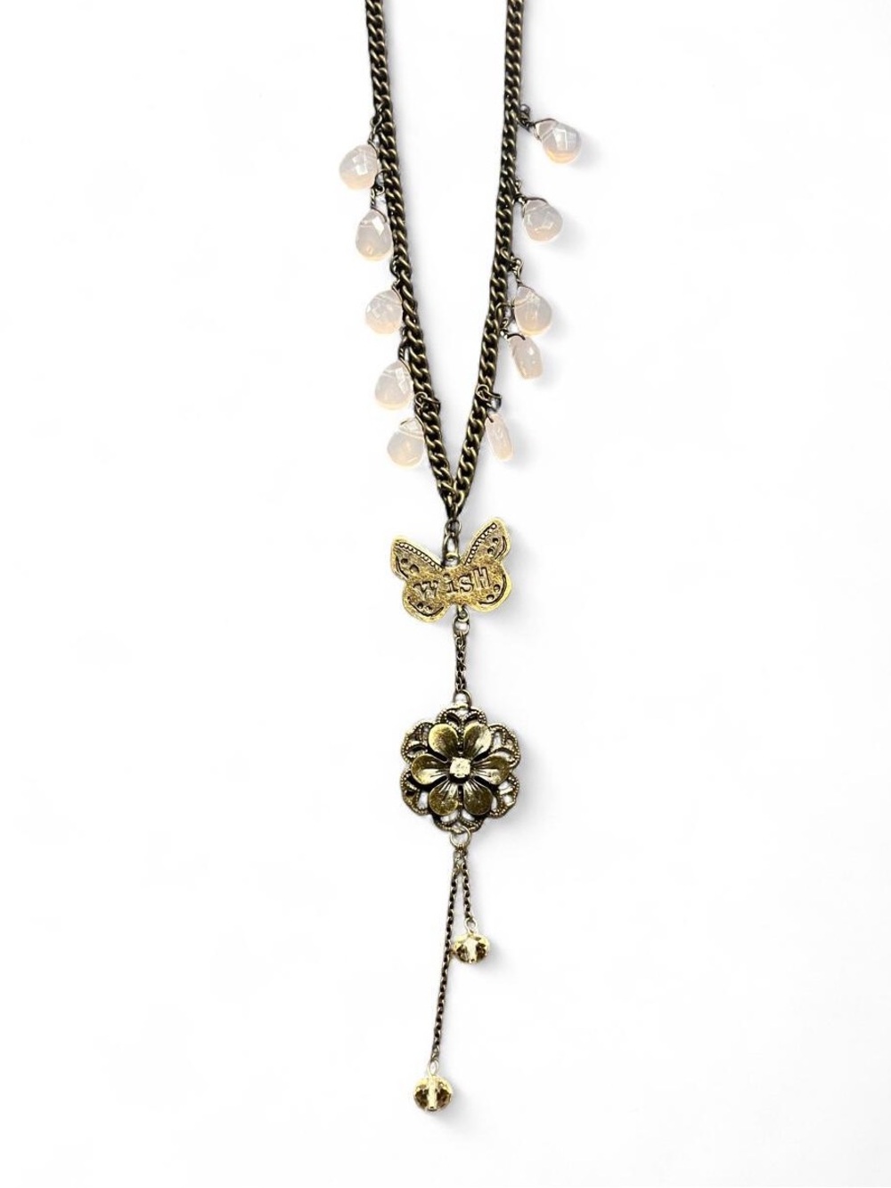 Whimsical Butterfly Necklace with Soft Pink Beads, Long Adjustable
